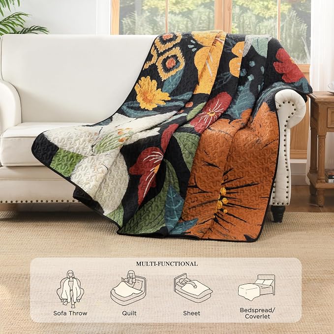 Andency Oversized King Quilt Set Black, 120x120 Floral Super King Bedspread | 3 Pieces Navy Boho Flower Botanical Summer Bedspreads with 2 Shams, Reversible Polyester Coverlet Set for All Seasons