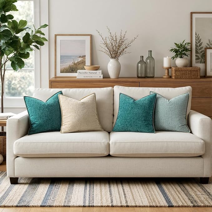 MIULEE Decorative Couch Throw Pillow Covers 20x20 Inch Teal 2 Pack | Farmhouse Pillow Covers with Stitched Edge, Soft Chenille Cushion Cases, for Sofa Bed Living Room Home Decor