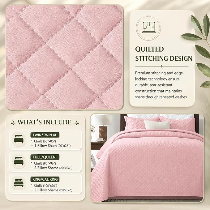 SunStyle Home Queen Quilt Bedding Set, Lightweight Summer Bedspreads,Pink | Soft Coverlet With 2 Pillow Shams,Morden Style Quilts for All Season, Suitable for Bed,Couch,Bedroom,Guest Room,90"X96"
