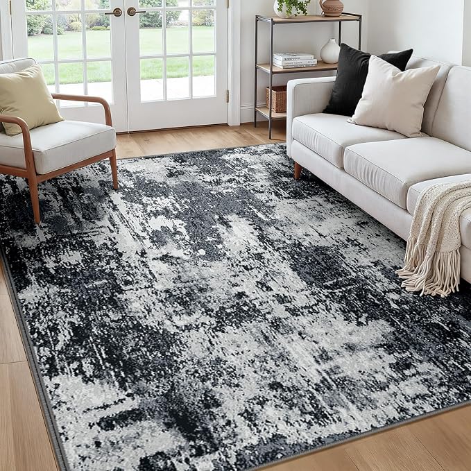 RELEANY Washable Square 7'x7' Area Rug for Living Room Black White | Carpet for Bedroom, Kitchen, Office, Hallway and Entryway, Printed Pattern, Non‑Slip, Soft, Stain‑Resistant, Easy to Clean