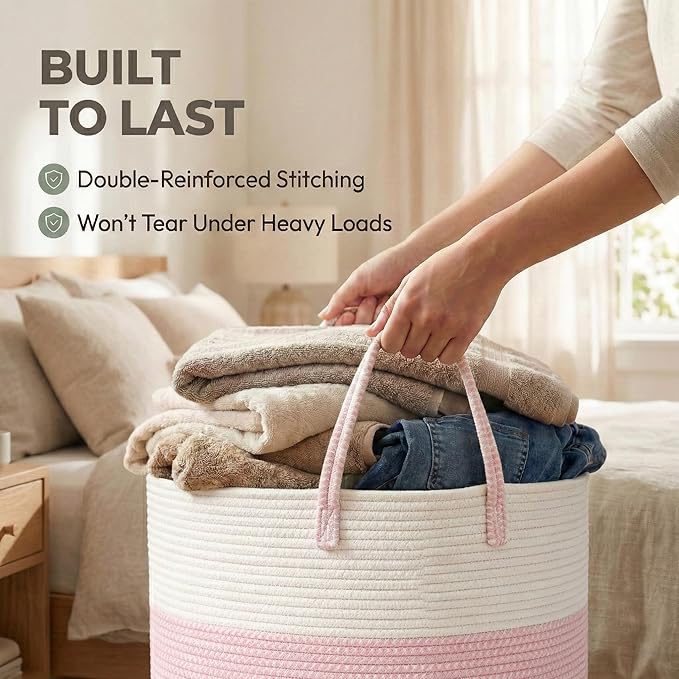 JMvicyroam 65L Extra Large Machine Washable Cotton Rope Blanket Basket | Collapsible laundry hamper, Reinforced handles, For blankets, pillows, toys and clothes, Living room and bedroom, White&Pink