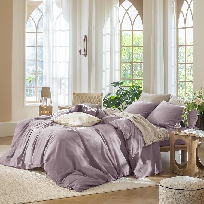 MooMee Duvet Cover Set 100% Washed Cotton Linen Like Oversized Queen | Relaxed Linen-like Texture. Soft, Breathable & Long-lasting Comfort. Lightweight. Hidden Zipper with 8 Interior Corner Ties