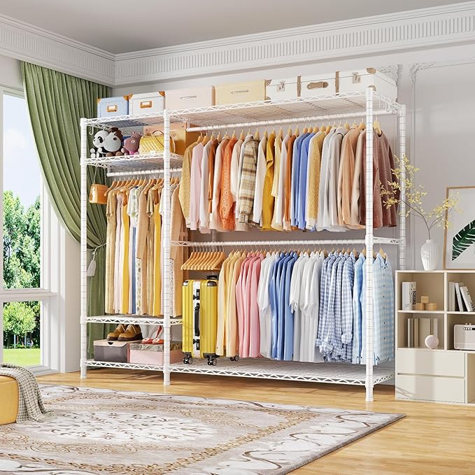 Ulif F7 Plus Clothes Rack, Clothing Racks for Hanging Clothes, White | Heavy Duty Garment Rack, 6-Tiers Freestanding Portable Closet Storage Racks 68'' W × 14.6'' D × 76.6'' H, Max Load 850 Lbs
