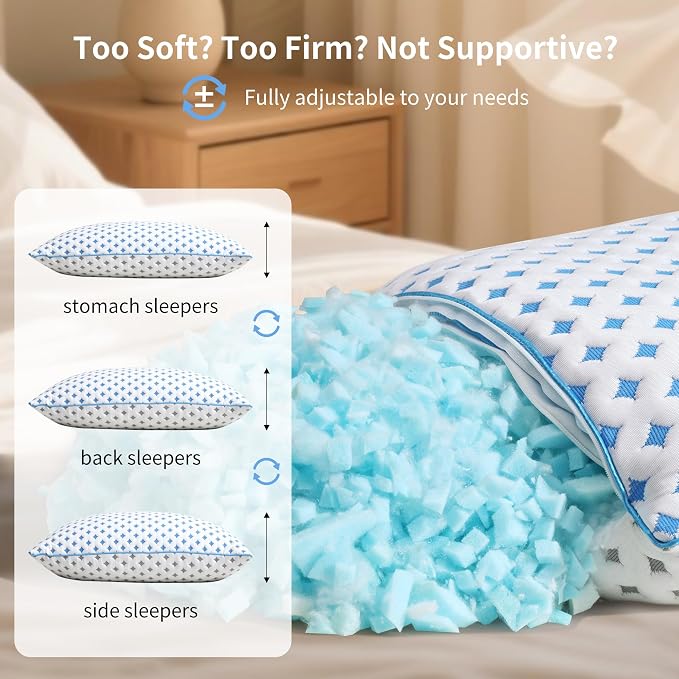 King Pillow 1 Pack, Cooling Shredded Memory Foam Pillow | Adjustable Loft, Balanced Support, Medium Firm Feel, Side Back Stomach Sleepers, Washable Cover, Airflow Design, Easy Care