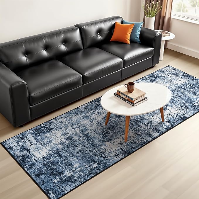 Rugflix 2x7 Runner Rug for Hallway, Washable Navy Blue Kitchen Runners | Machine Washable; Stain-Resistant; Low Pile; Non-Slip; Modern Abstract; Black Carpet for Bedroom Bathroom Laundry