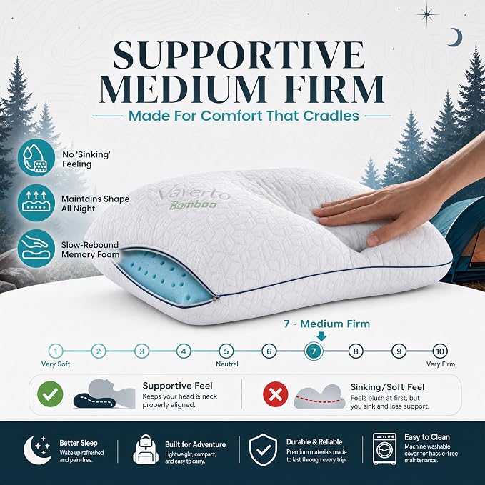 Camping Pillow - Backpacking Memory Foam Travel Pillow 1-Pack | Medium firm memory foam pillow - breathable, machine washable cover - Ideal lightweight small pillow - backpacking & outdoors