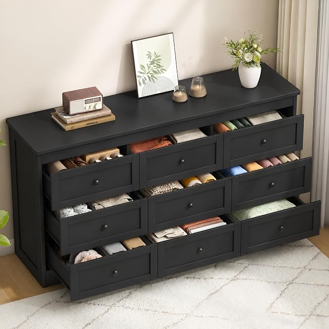 wanan Black 9 Drawer Dresser for Bedroom, Modern 59'' Wide Wood Chest of Drawers, Dresser TV Stand, Storage Organizer with Metal Handles for Living Room, Hallway, Entryway