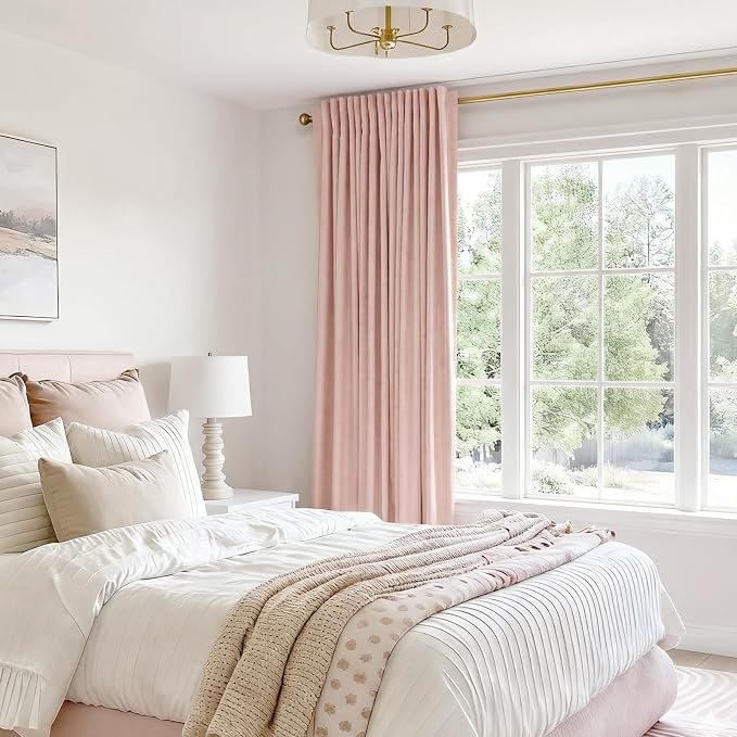 Linen Textured Total Blackout Sliding Door Curtains 90 Inches Long, Blush Pink