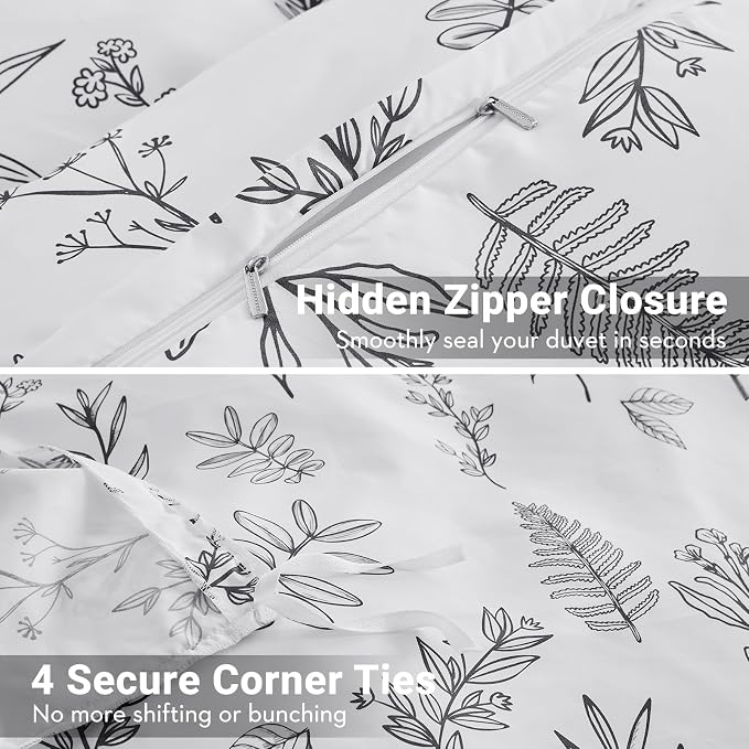 MUXHOMO Duvet Cover King Size, Reversible Floral White Duvet Cover Set with Zipper Closure, 3 Pieces Botanical Patterns Soft Microfiber Bedding Set (90"x104", 2 Pillow Cases 20"×36")