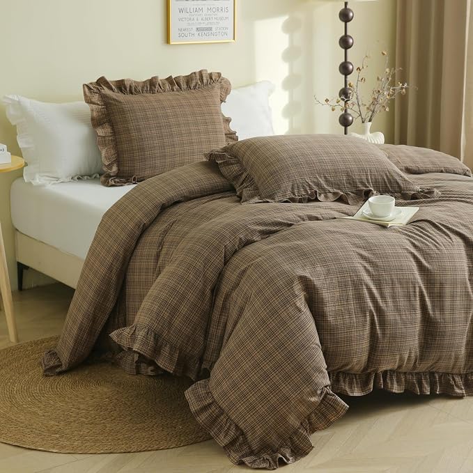 Silnuo Warm Camel Plaid Gingham Ruffle 3-Piece Duvet Cover Set Queen Size | 100% Washed Cotton Shabby Checkered Plaid Bedding Set Farmhouse Comforter Set(Queen,Warm Camel)