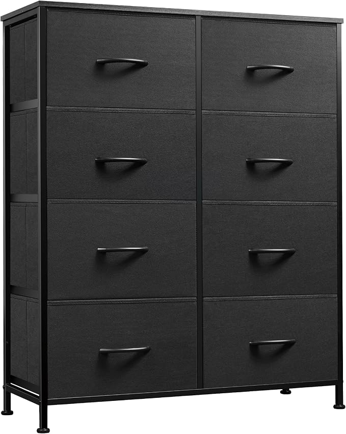 WLIVE Fabric Dresser for Bedroom, Tall Dresser with 8 Drawers, Storage Tower with Fabric Bins, Double Dressers, Chest of Drawers for Closet, Living Room, Hallway, Charcoal Black | Black tall 8-drawer fabric dresser with bins, sleek modern tower for bed...