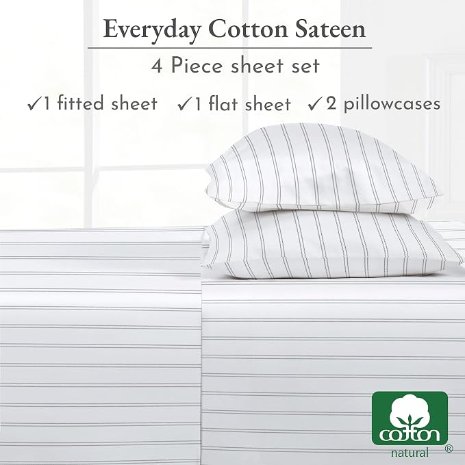 Soft Natural 100% Cotton Sateen King Size Bed Sheets, Classic Stripe Print | Backed by Good Housekeeping Seal, Light & Breathable For Hot Sleepers, 14" Deep Pocket Set, All-Around Elastic, Durable