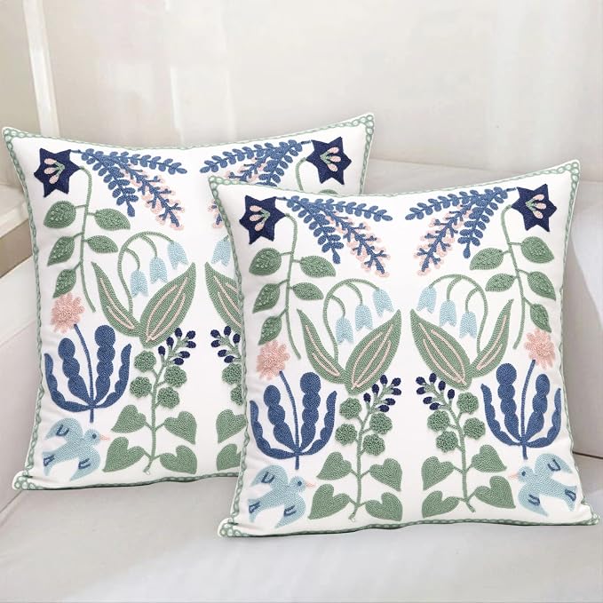 Pack of 2 Embroidered Decorative Throw Pillow Cover 18x18 Inch Farmhouse Floral Pillowcase for Living Room Sofa Bed (Bird Flower)