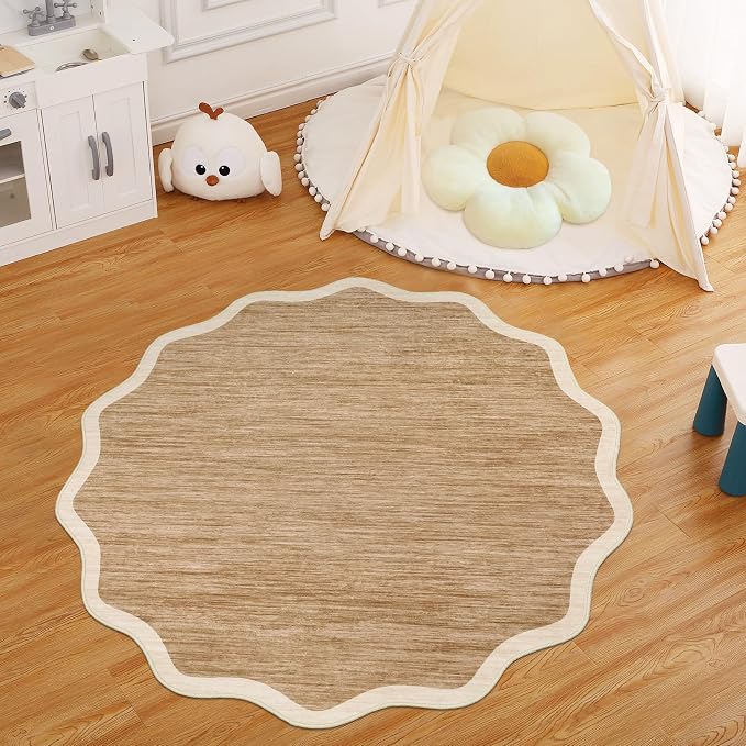 GarveeHome Scalloped Washable Round Rugs 4ft Non-Slip Soft Ultra-Thin | Small Boho Circle Stain Resistant Low Pile Carpet for Entryway Kitchen Bedroom Nursery Bathroom