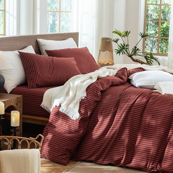 MooMee Striped Duvet Cover Set 100% Washed Cotton Linen Like King | Relaxed Linen-like Texture. Soft, Breathable & Long-lasting Comfort. Lightweight. Hidden Zipper with 8 Interior Corner Ties
