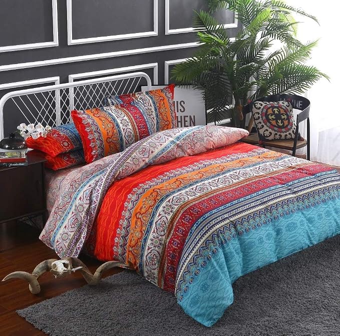 Bohemian Queen Comforter Set Soft Chic 3 Pieces Bedding Boho Comforter Set Lightweight Exotic Red Teal Mandala Colorful Vintage Comforter Bed Set for All Seasons