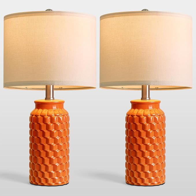 USumkky 20.5" Ceramic Table Lamps Set of 2, Modern Farmhouse Boho Bedside Lamps for Bedroom, Nightstand Lamps for Living Room End Tables, Small Desk Lamps, Orange