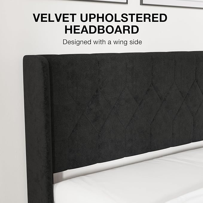 Novilla King Size Bed Frame, King Bed Frame and Headboard, Velvet Upholstered Pull-Point Wingback Headboard, No Box Spring Needed, Heavy Duty Feet, Easy Assembly, Black Velvet