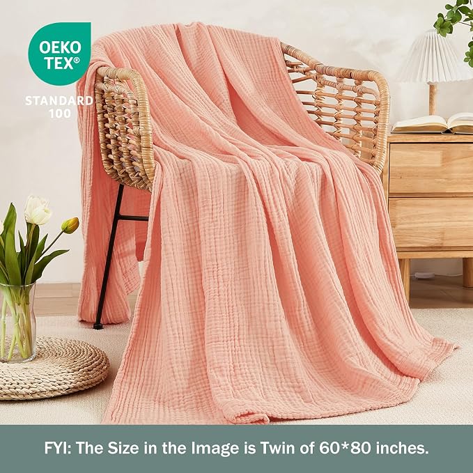 EMME Muslin Blankets for Adults Throw Blanket for Couch Breathable Gauze Soft Lightweight Airy Pink Throw XL 50" x 71"