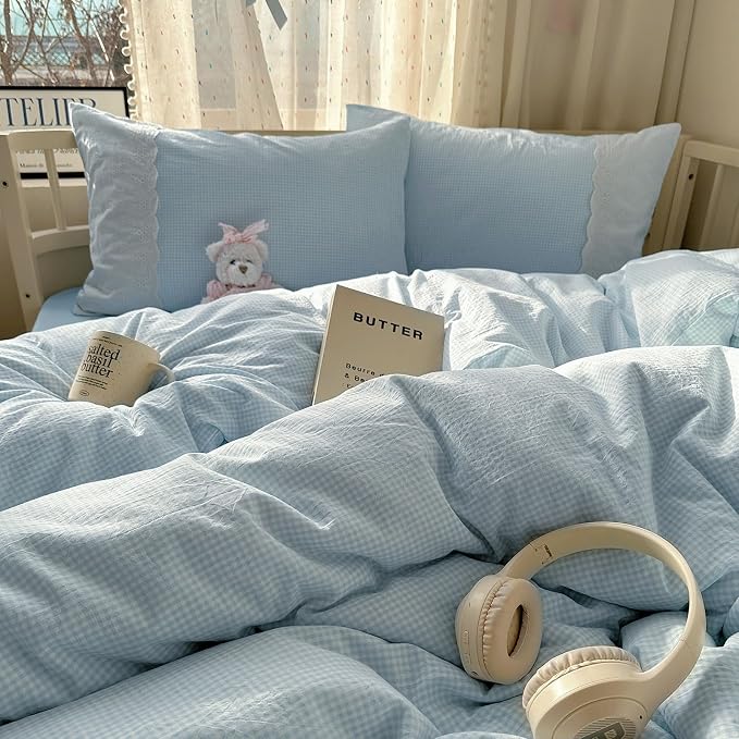mixinni Blue Gingham Duvet Cover Twin Size - 3 Piece Cottagecore Plaid Bedding Set with Lace Trim, Soft Washed Microfiber Vintage Aesthetic Grid Comforter Cover & Pillow Shams, (Blue White Gingham)
