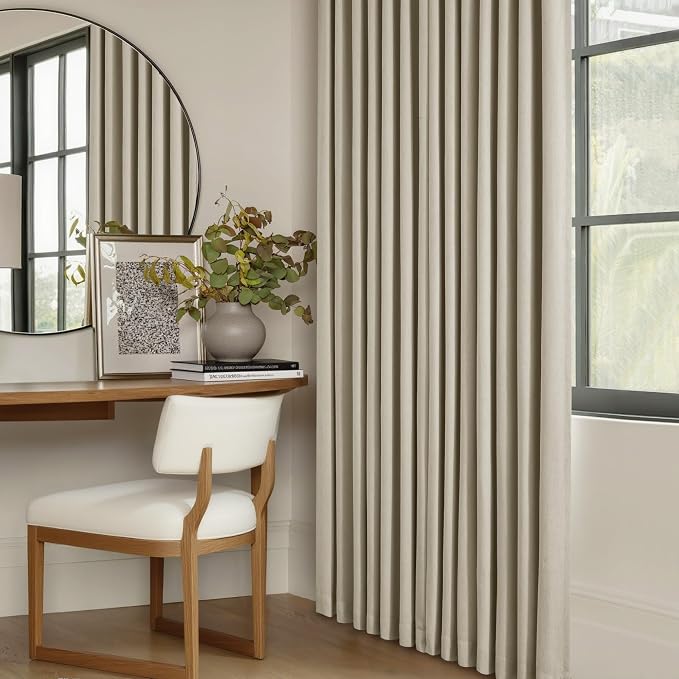 Burlywood Birch 100% Blackout Pinch Pleated Linen Curtains 120 Inches Long | Pinch Pleat with Back Tab, Farmhouse Thermal Insulated Full Black Out, High Ceiling to Floor, Taupe Drapes for Living Room
