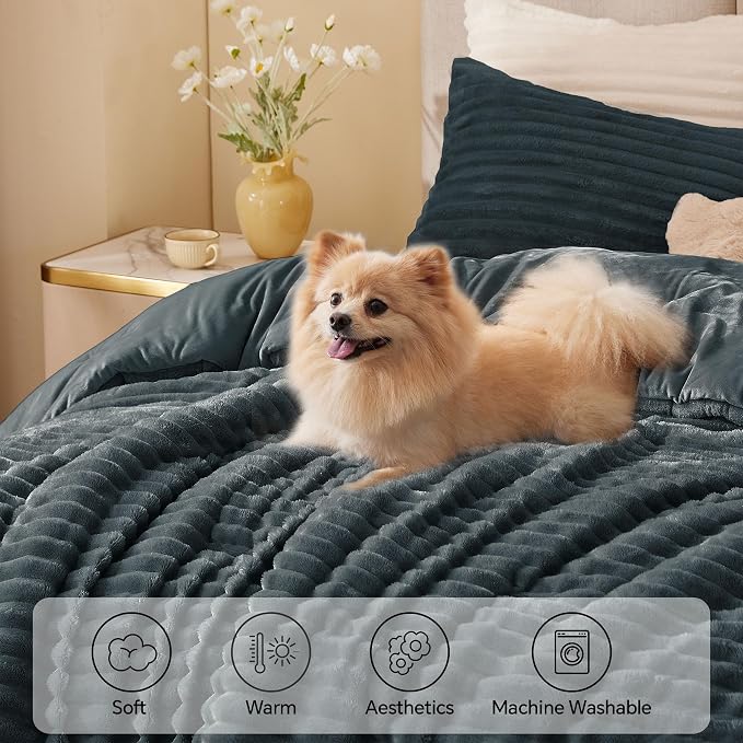 BEDELITE Fleece Twin/Twin XL Comforter Set, Fluffy Bed Set, Dark Grey | Super Soft & Warm Bedding, Luxury Fuzzy Faux Fur Comforter for Winter, Heavy Plush Bedding, with 1 Pillowcase