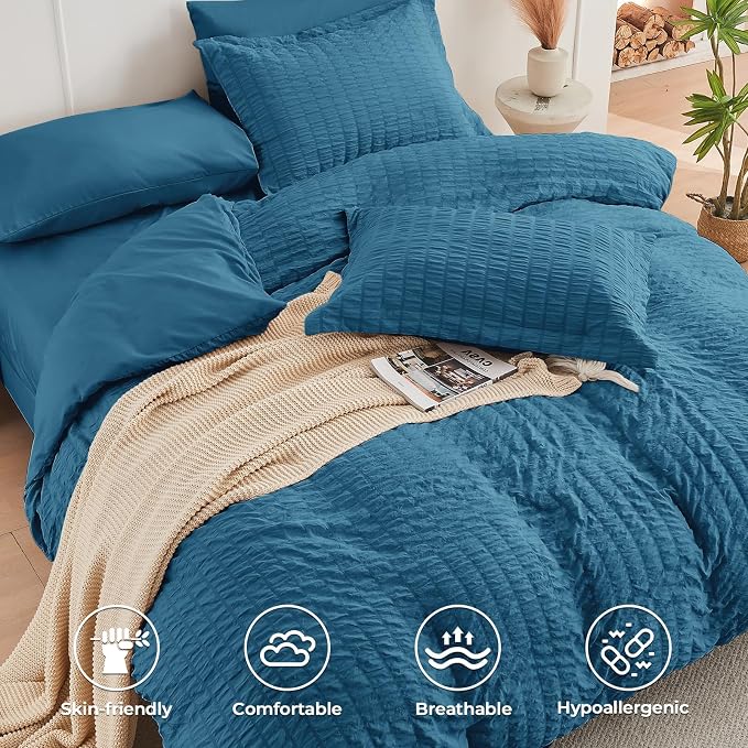 HYMOKEGE Teal California King Comforter Set Seersucker 7 Pieces, All Season Luxury Bed in a Bag for Bedroom, Bedding Set with Comforters, Sheets, Pillowcases & Shams