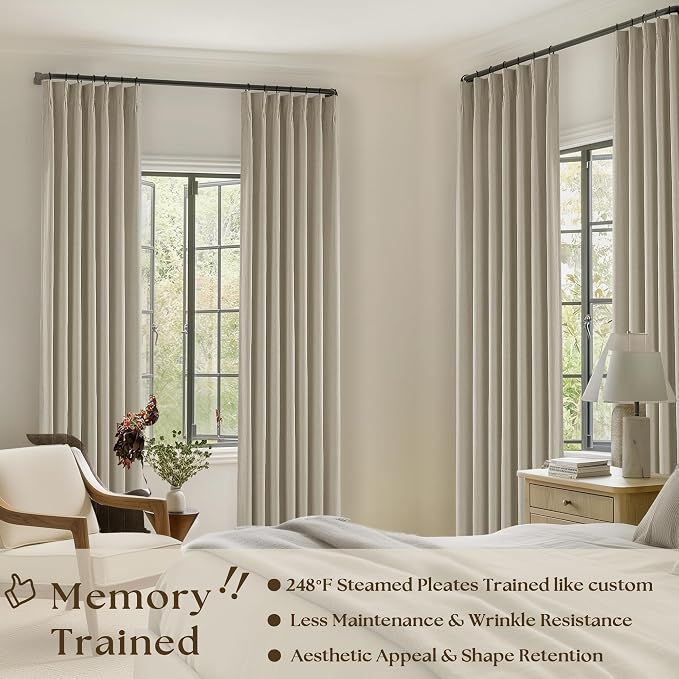 Burlywood Birch 100% Blackout Pinch Pleated Linen Curtains 120 Inches Long | Pinch Pleat with Back Tab, Farmhouse Thermal Insulated Full Black Out, High Ceiling to Floor, Taupe Drapes for Living Room