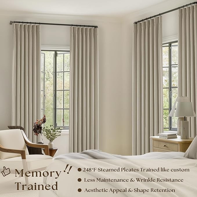Burlywood Birch 100% Blackout Pinch Pleated Linen Curtains 90 Inches Long | Insulated Thermal Heat Reducing, Memory Shape, for Bedroom Living Room, Taupe Pleated Curtains with Hooks Rings, 2 Panels