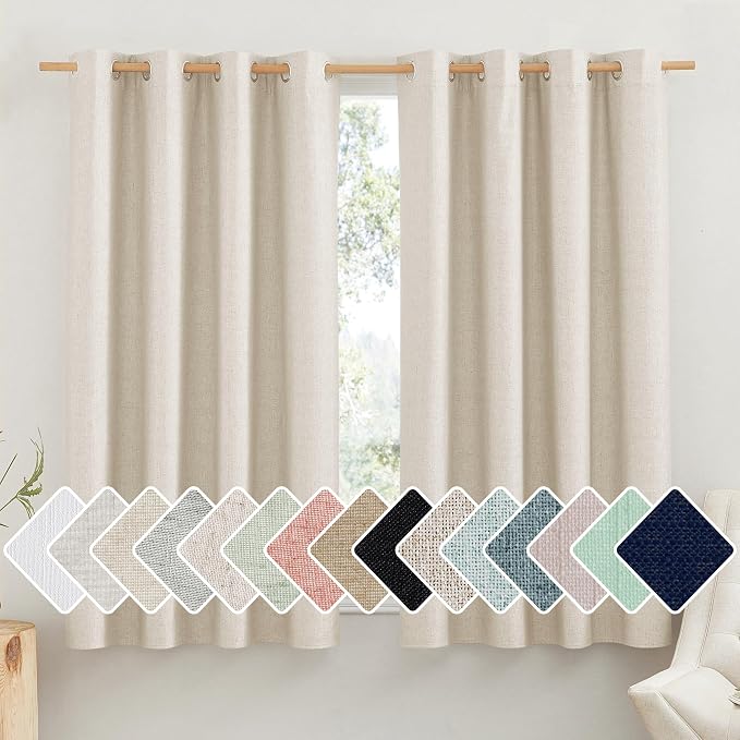 NICETOWN 100% Absolutely Blackout Linen Curtains with Thermal Insulated White Liner, Beige, 52" Wide by 63" Long, 2 Pieces, Anti-Rust Grommet Natural Burlap Fabric Window Drapes for Bedroom/Kids Room