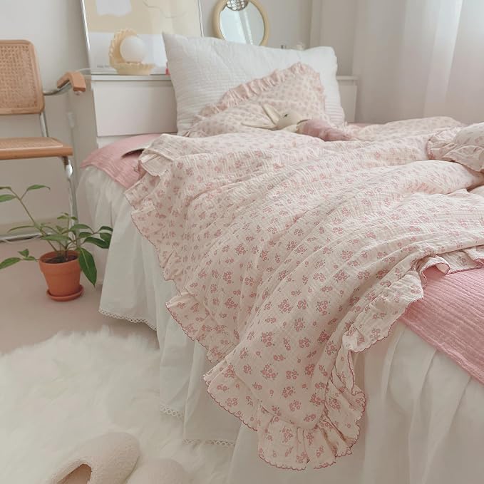 Girls Baby Duvet Cover Pink Flower Duvet Covers Muslin Cotton Toddler Kids Duvet Cover Quilted Protector, 47"x59", Galsang Print (No Filling)