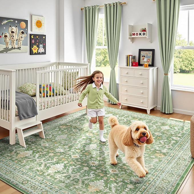 6x9 Area Rugs for Living Room, Washable Large Carpet, Light Green | Soft Rug for Bedroom, Dining Room, Home Office, Indoor, Nursery, Stain Resistant, Non-Slip, Low Pile,Vintage Distressed Rug