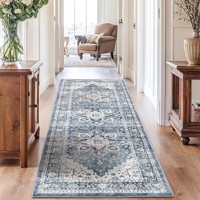AMADA HOMEFURNISHING 2'6"x8' Washable Area Rug, Low-Profile Entryway Rug with Non-Slip Backing & Durable Edge Binding, Vintage Rug Pattern, Small Rugs for Entryway, Kitchen & Living Room