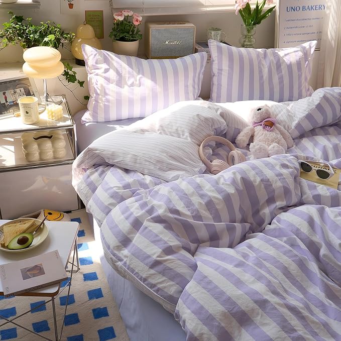 Striped Comforter Set Full Size, Vintage Purple White Stripes Pattern Printed Bedding Set, Lightweight Soft Striped Bed Comforter with 2 Pillowcases, Farmhouse 3 Piece Comforter Set for All Season