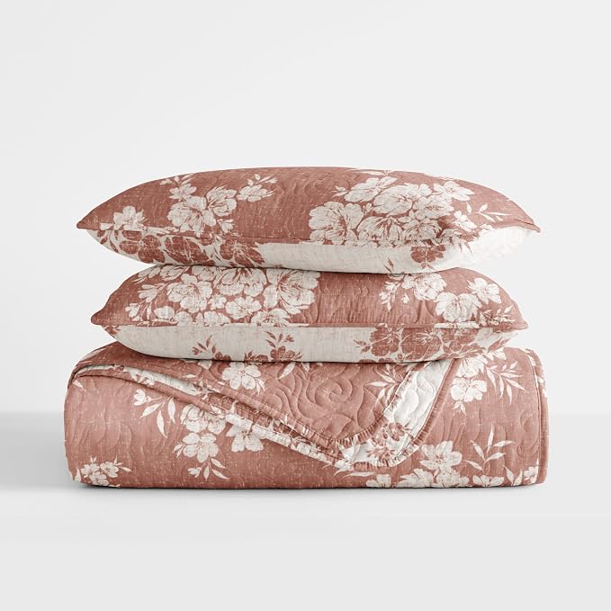 Merit Linens 3 Piece Quilt Set - Super Soft - Lightweight - All Season Quilted Coverlet - Timeless Patterns - Full/Queen Terracotta
