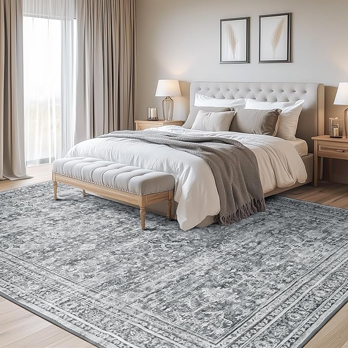6x9 Area Rug for Living Room Bedroom, Non-Slip Washable Grey Carpet | Soft Neutral Rugs for Dining Room Home Office Indoor Nursery, Stain Resistant, Low Pile, Foldable, Vintage Distressed Rug