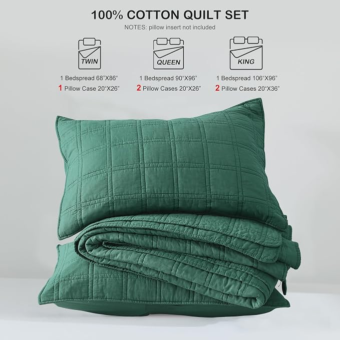 HORIMOTE HOME 100% Cotton Quilt Set King Size, Dark Green Pre-Washed Bedspreads Coverlet Set in Geometric Pattern, Cozy Lightweight Stitching Decorative Bedding Cover with 2 Shams for All Season