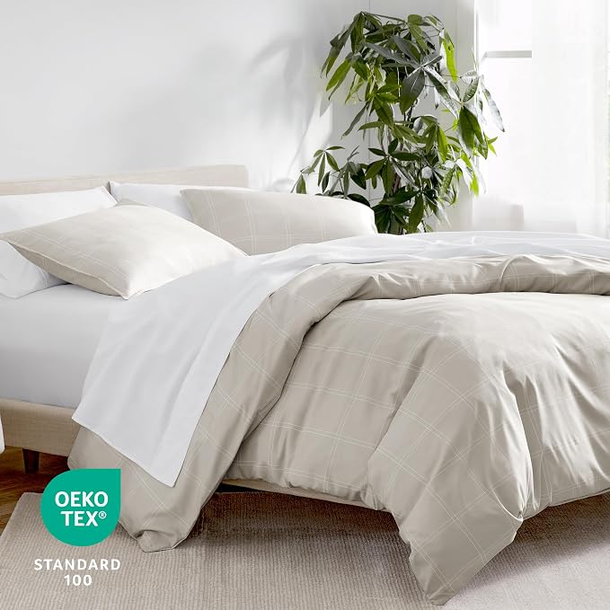 Bare Home Duvet Cover Set (King, Modern Plaid - Stone/White) | 1800 Ultra-Soft, Lightweight, Cooling, Breathable, Premium, All-Season