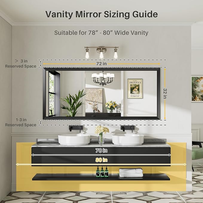 Black Metal Framed Bathroom Wall Mirror, 72x32 Inch | Anti-rust, HD tempered glass, for bathroom vanity, bedroom, living room, horizontal or vertical mount
