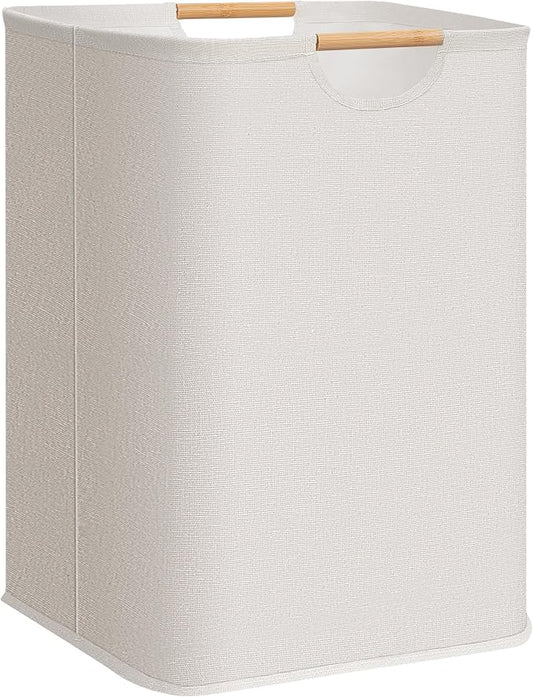 STORAGE MANIAC 1-Pack Large Laundry Hamper, 100L (26.4 Gal) Collapsible Laundry Basket with Bamboo Handles, Freestanding Waterproof Clothes Hamper for Laundry Room, Bedroom, Dorm, Towels, White