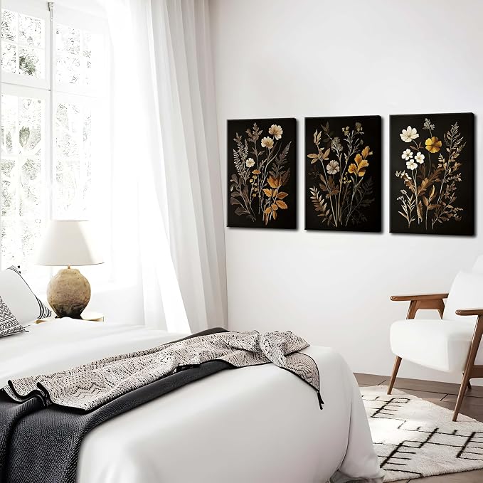 Vintage Black Flower Wall Art Decor Set of 3, Beautiful Wildflower Botanical Canvas Prints, Dark Academia Fall Floral Poster Painting Picture for Bedroom Living Room 16x24 Inch Framed