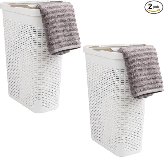 Mind Reader 40L Slim Laundry Hamper with Lid, Narrow Clothes Baskets, Set of 2, White