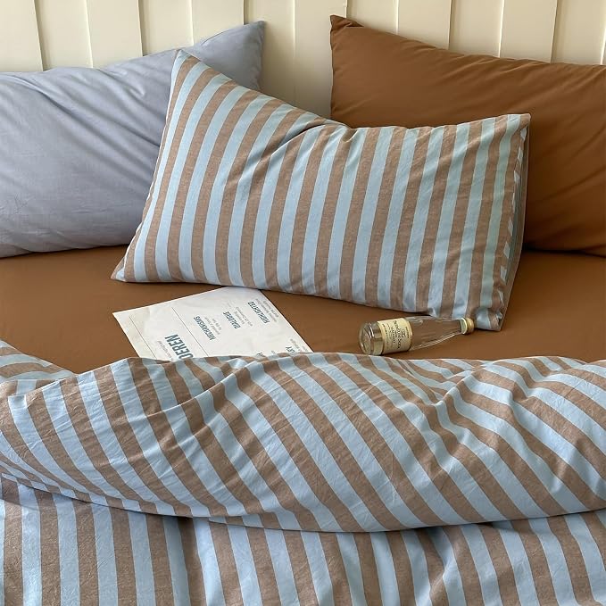LifeTB Queen Comforter Set Vintage Striped Comforter Set, 3 Pieces Blue Brown Stripes Pattern Printed Comforter with 2 Pillowcases, Fluffy Soft Lightweight Retro Striped Bedding Set for All Seasons
