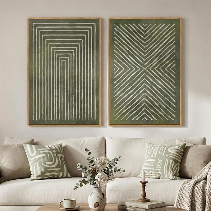 Large Framed Green Abstract Wall Art for Living Room Set of 2, 24x36 In | 2 Piece, Canvas prints, Sage green artwork, Modern minimalist paintings, Geometric pictures, Dining room bedroom wall decor