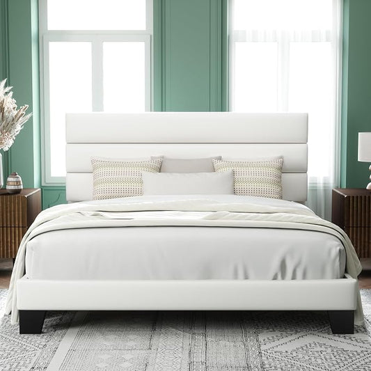 Allewie King Size Platform Bed Frame with Velvet Upholstered Headboard | Wooden Slats Support, Fully Upholstered Mattress Foundation, No Box Spring Needed, Easy Assembly, Noise-Free, White