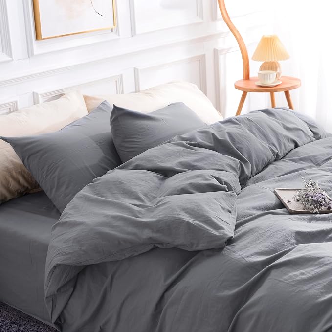 NEXHOME PRO Duvet Cover Set 100% Washed Cotton Full Size Linen Feel Textured Organic Natural 3 Pieces Bedding Set with Zipper Closure and Corner Ties, Breathable and Soft (Grey, No Comforter)