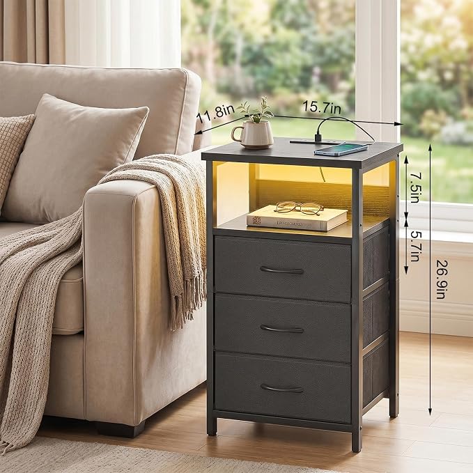 Fixwal Night Stand with 3 Drawers, Black Nightstand with Charging Station | led lights, built-in bedside charger, 2 AC outlets & 2 usb ports, 2 wooden shelves, fabric drawers, bedroom furniture
