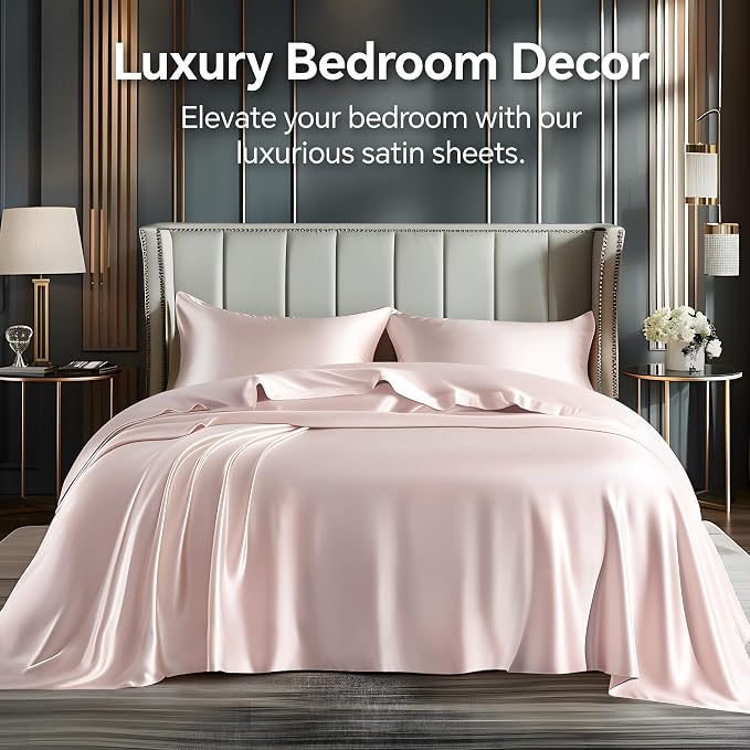 BEDELITE Satin Sheets California King Size Bed Set, Pink, 4 Pieces | Luxury Silky Bed Sheets, 15 Inch Deep Pocket, Similar to Silk, Soft and Cooling, Reduces Friction, Gentle on Hair and Skin