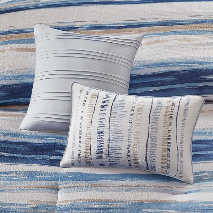 Madison Park Marina Comforter Quilt Combo Set - Modern Luxury Design, All Season Down Alternative Bedding, Matching Shams, Decorative Pillows, Full/Queen(90"x90"), Seersucker Blue 8 Piece | All Season Down Alternative Bedding Set with Comforter, Shams,...