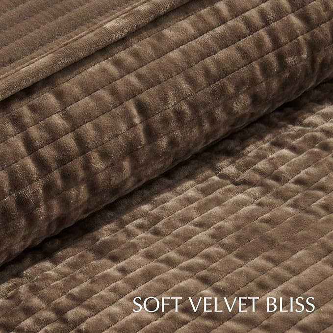 EverGrace Velvet Quilt Set, Oversized Cal King 118"x106", Mushroom Brown | Luxurious Soft Velvet Comforter, Striped Channel Bedding Set, Lightweight Bedspread Coverlet for All Season, with 2 Shams